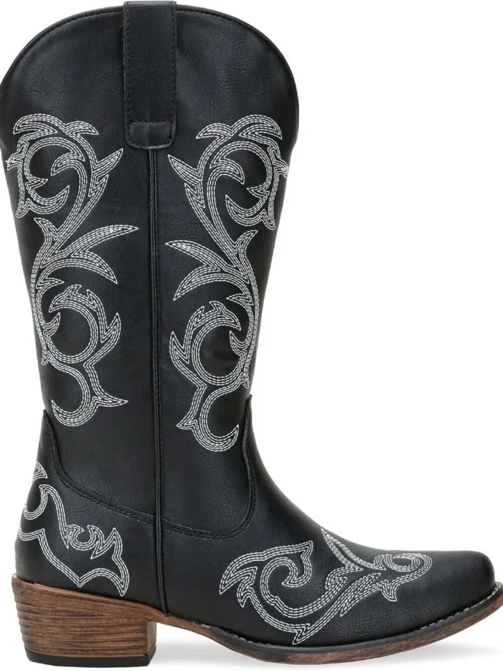 Women's Black Wide Calf with Low Chunky Heel Cowgirl Western Embroidered Boots - Picture 3 of 6
